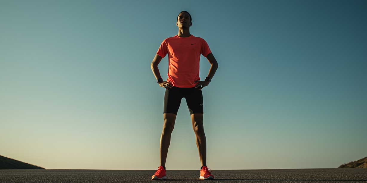 A full-length shot of a runner standing outdoors looking relaxed and confident after completing a coached training session.