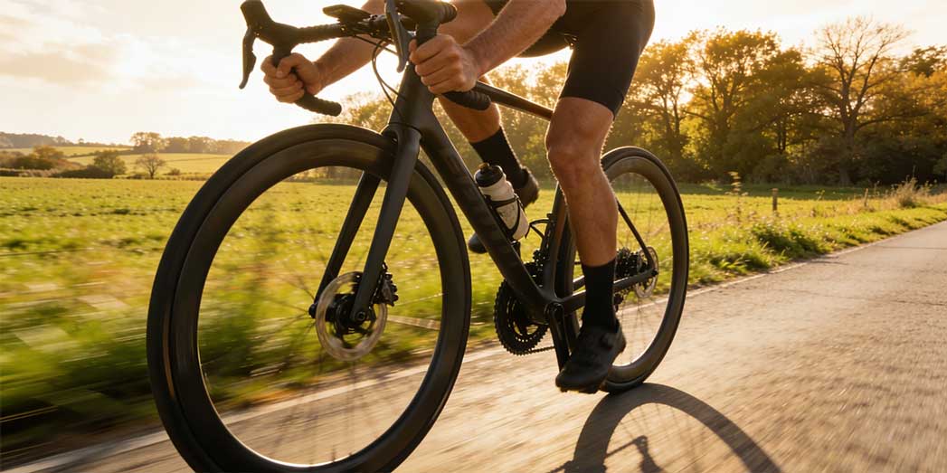 A cyclist in aerodynamic gear leaning into a smooth corner on a road bike with slick tyres.