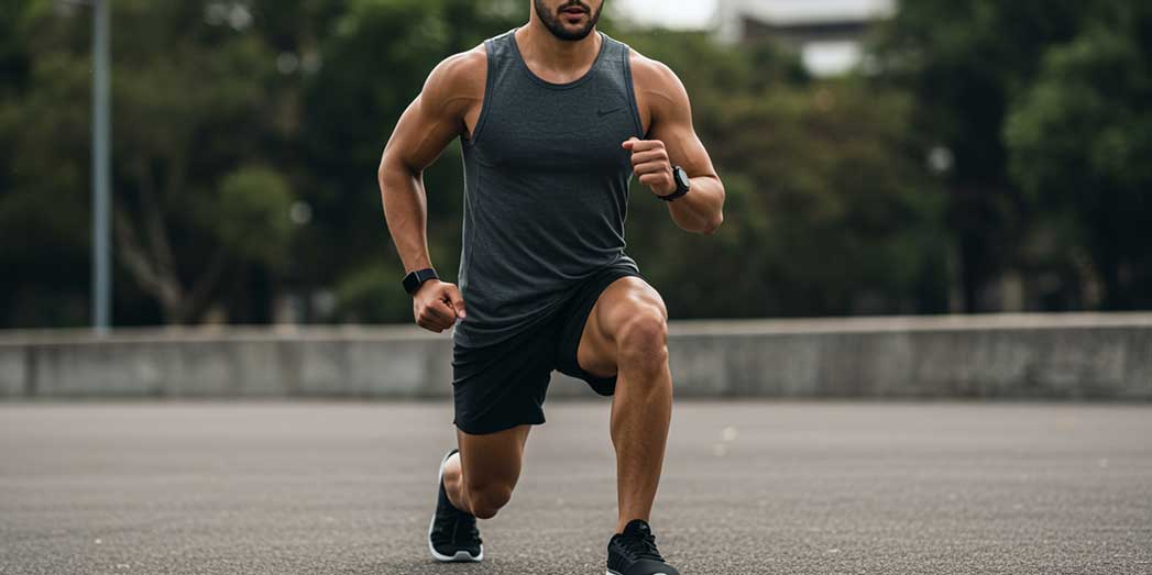 A runner performing a walking lunge outdoors as part of a dynamic pre run warm up routine