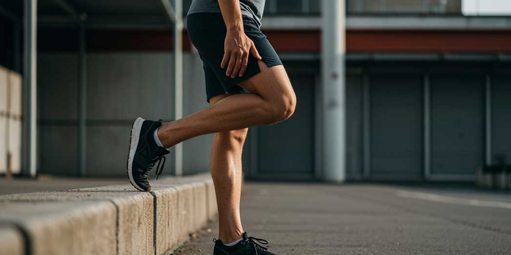 An athlete performing a single leg calf raise exercise on an outdoor step to build calf strength for running.
