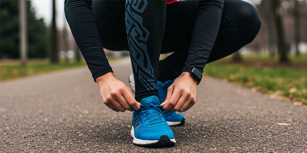 An athlete crouching to tie the laces of supportive running shoes, preparing for a run with proper footwear to prevent overpronation.