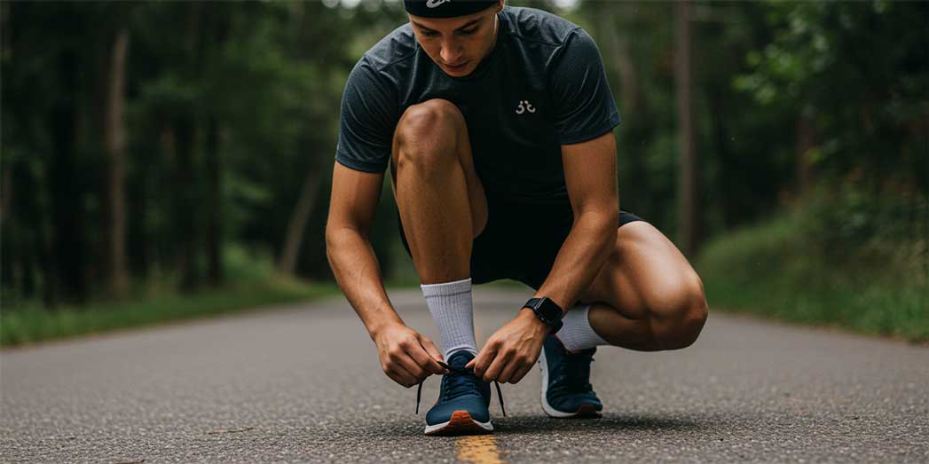 Runner tying shoe laces and looking ahead, symbolising a calculated and safe return to running after injury.