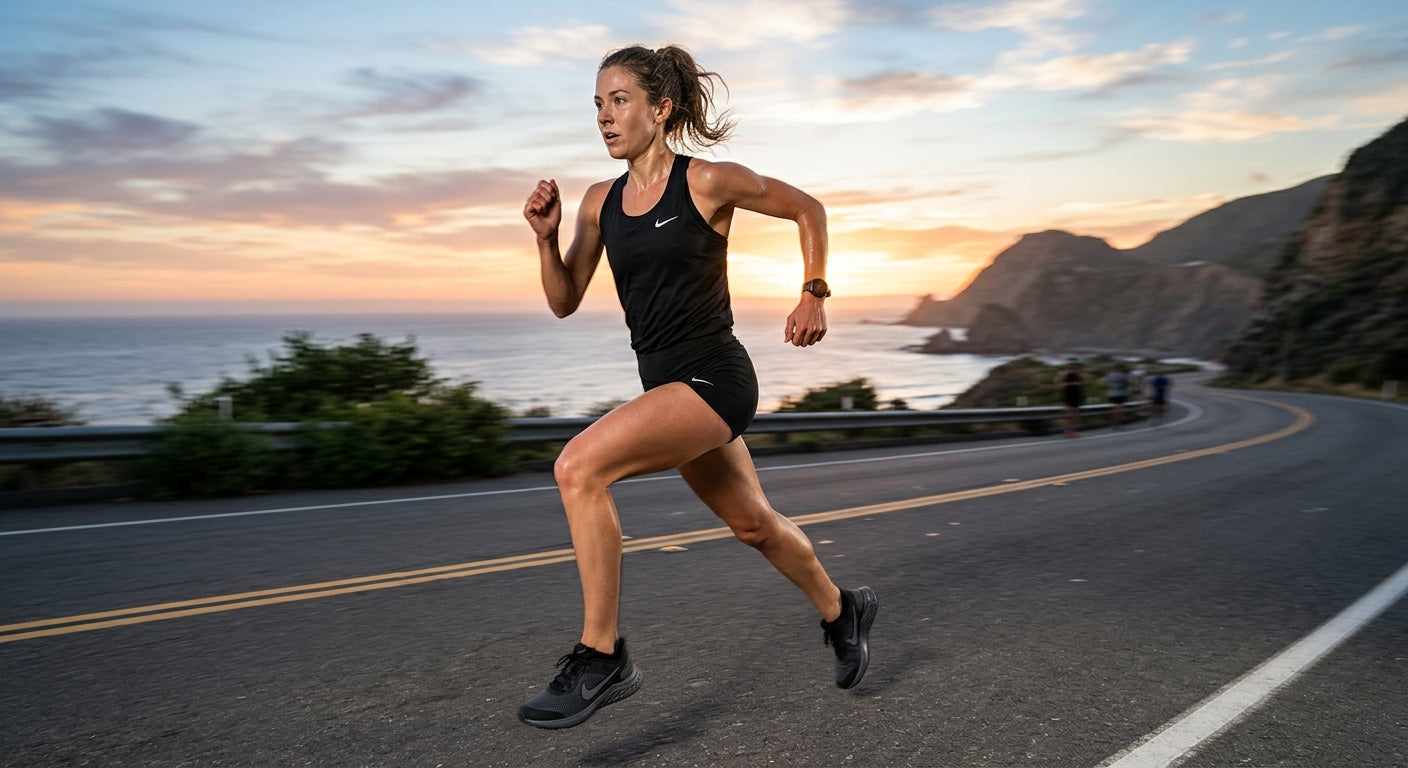 Runner wearing the Nike Revolution 9 budget daily trainer during a fast interval session on the road