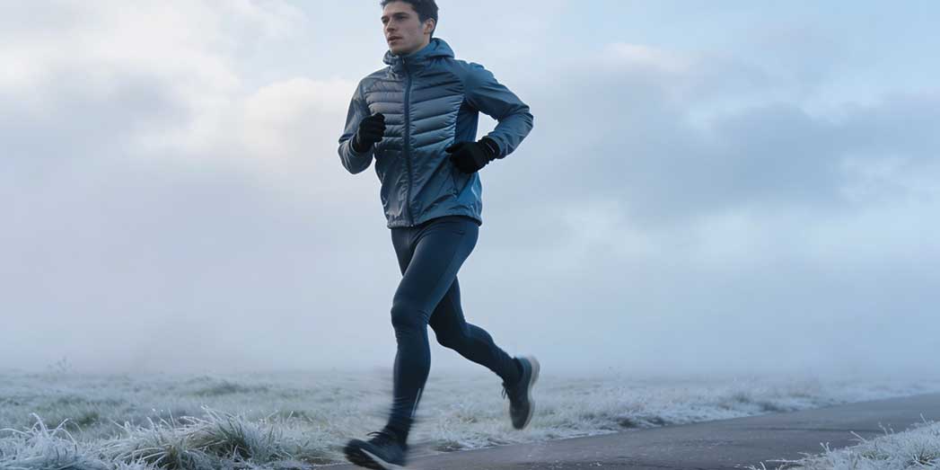 A runner wearing cold weather running layers and gloves maintains a comfortable pace during a morning jog