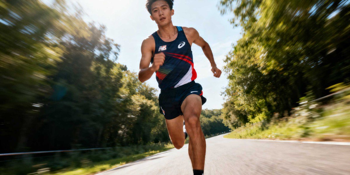 A full-length shot of a female runner in high-performance gear showing quick cadence and light footwork on a suburban road.