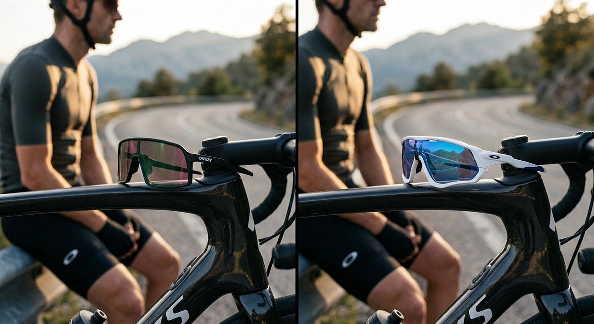 Side-by-side comparison of Oakley cycling glasses resting on a carbon fibre road bike frame