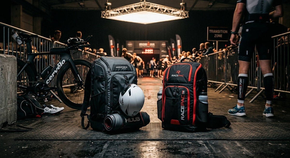 Side-by-side comparison of two sleek triathlon bags in a professional racing environment, highlighting the ergonomic design and robust materials under cinematic gym lighting.
