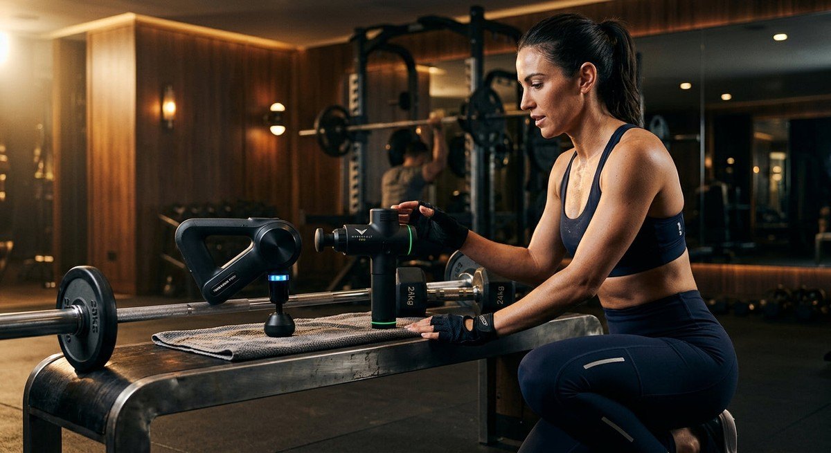 Side-by-side comparison shot of the Theragun PRO Plus and Hypervolt 2 Pro resting on a sleek, metallic training bench in a luxury fitness centre.
