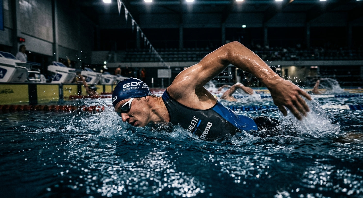 Side-profile action shot of a triathlete in a pool, demonstrating powerful pull mechanics with motion blur and sharp, moody contrast.