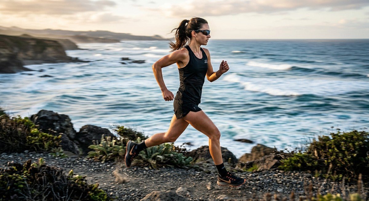Side profile of a coastal athlete in motion, wearing technical eyewear with a blurred ocean background and sharp high-speed focus.