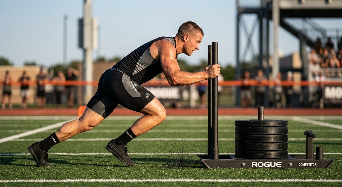 Side profile of a fitness competitor demonstrating perfect 45-degree angle leverage during a high-speed sled push on synthetic turf