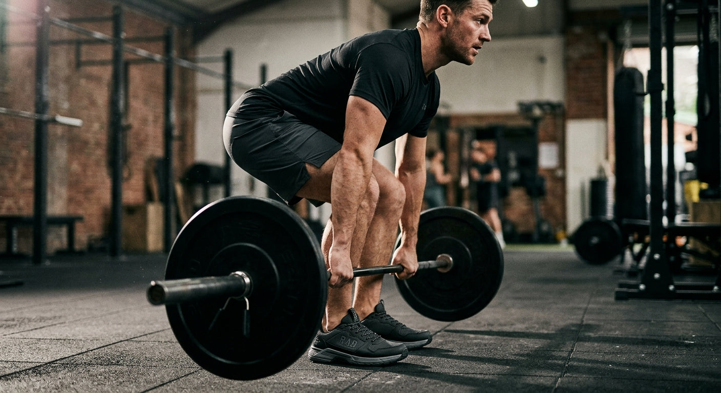Side profile of a fitness enthusiast lifting a barbell, showcasing the stable build of the R.A.D. R-1 trainer with sharp, detailed textures and dramatic shadows.