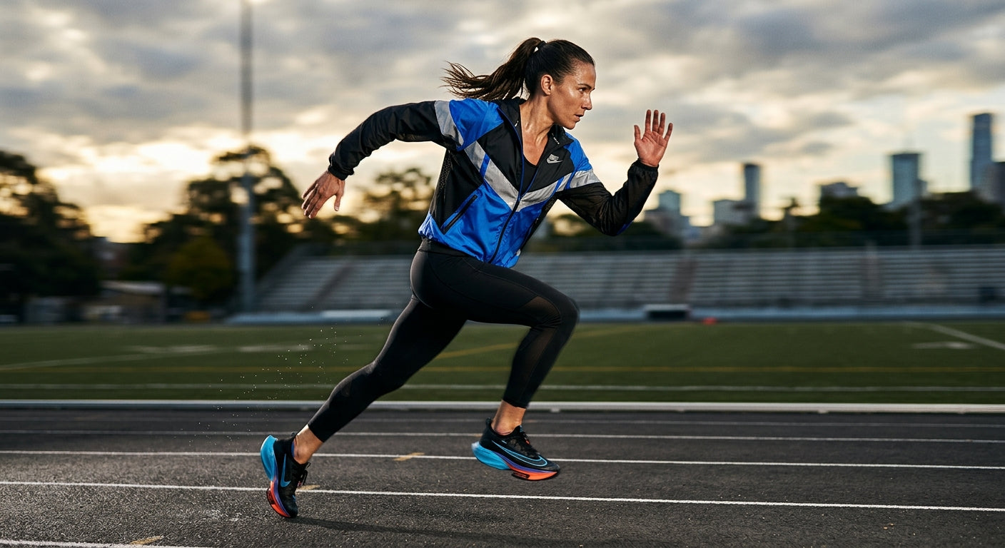 Side profile of a runner in high-speed motion wearing a modern performance jacket with sharp contrast and realistic athletic textures
