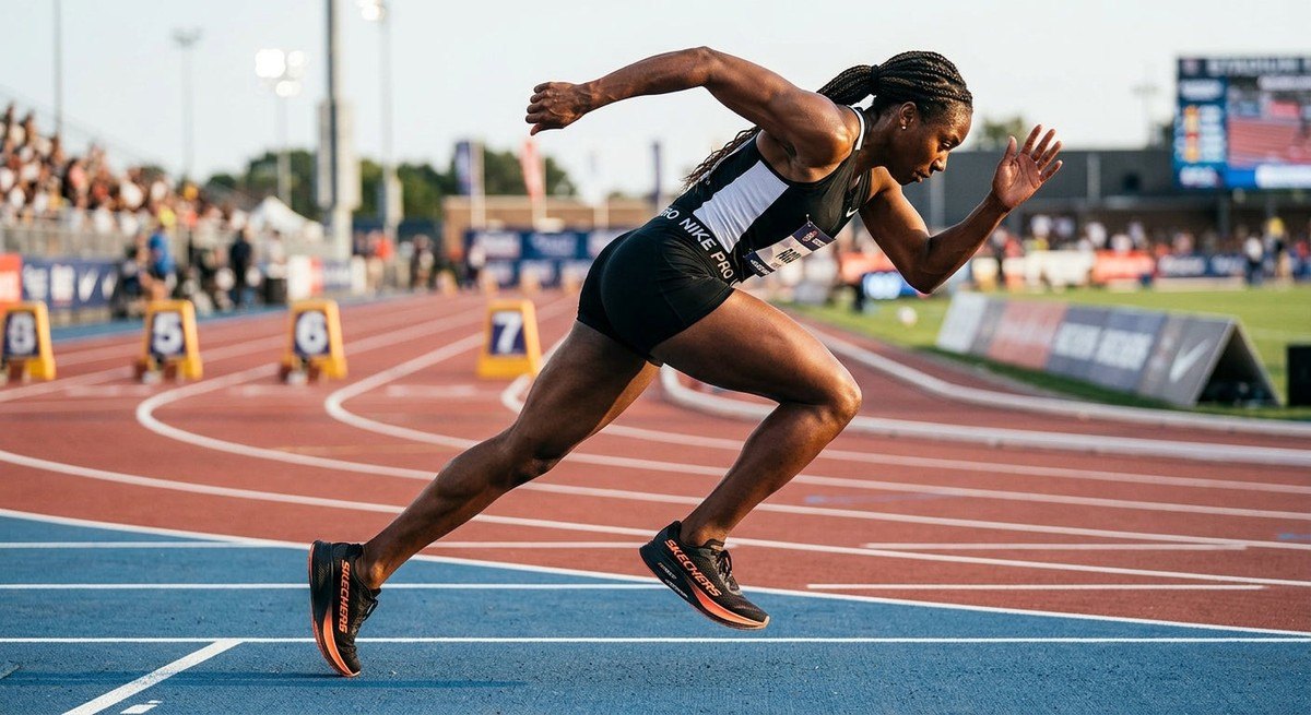 Side profile of the Skechers Aero Razor showing the aggressive rocker geometry during a high-speed sprint on a professional track.