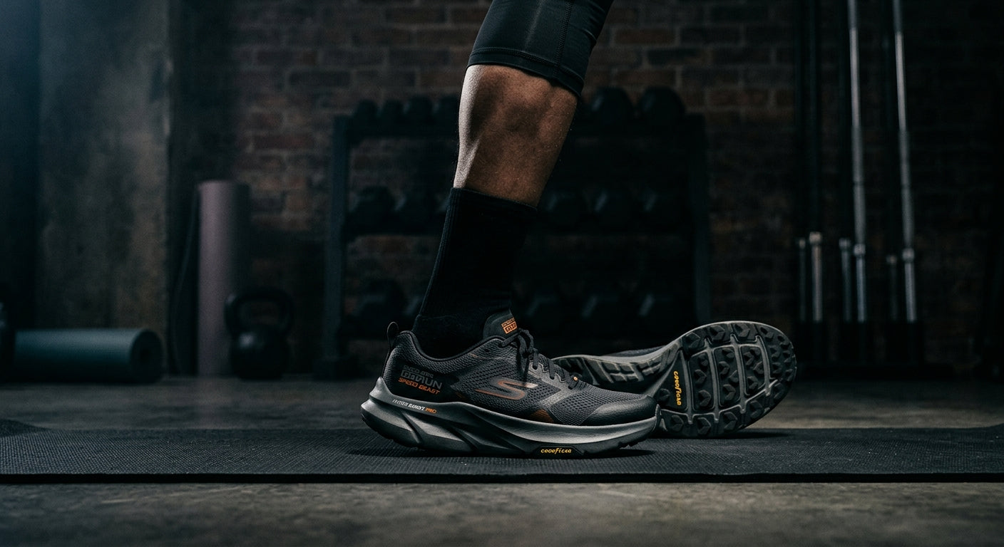 Side profile of the Skechers GoRun Speed Beast displaying the aggressive rocker geometry and high-traction Goodyear outsole in a dark, moody studio setting.