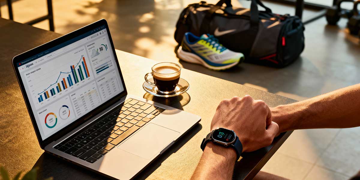 A high-performance athlete transitioning from business work to training, fastening a smartwatch next to a laptop and running shoes, symbolizing the integration of professional success and physical conditioning.