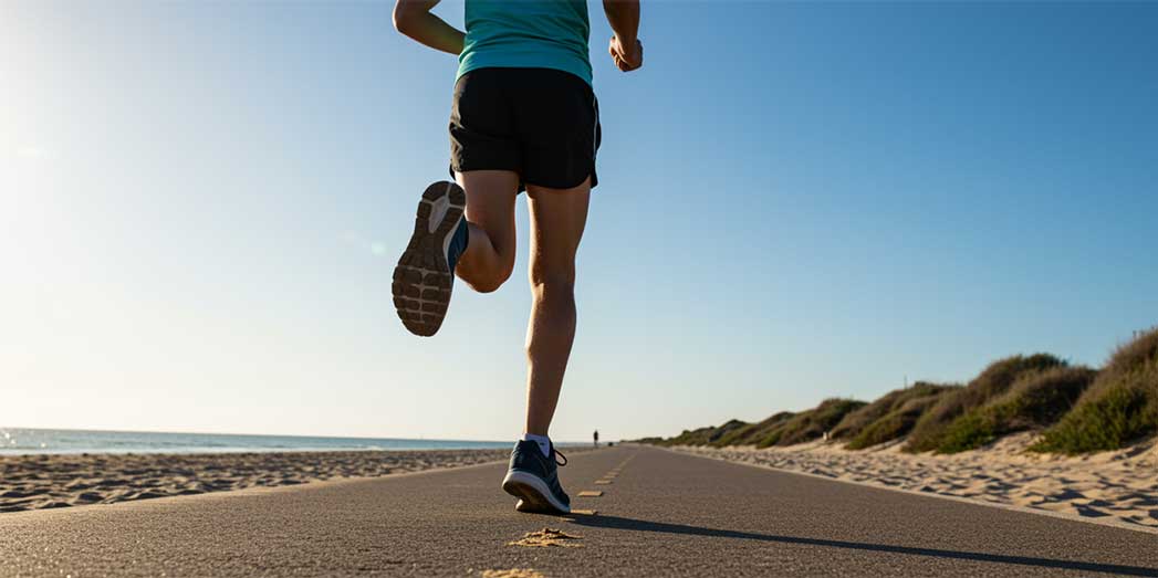 A runner in motion wearing stability shoes to help maintain proper knee tracking and foot alignment.