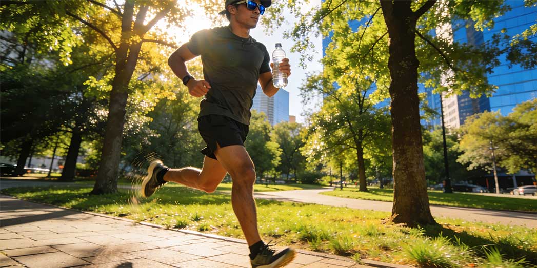 An athlete running in bright summer sunshine while carrying a hydration bottle.