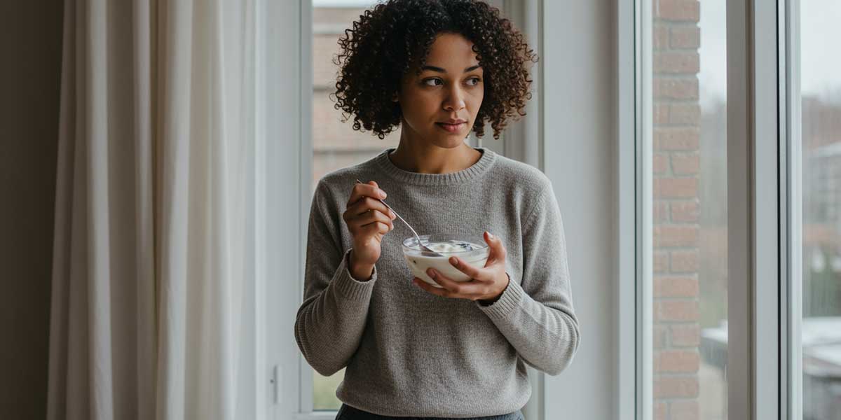 A person in Sundried clothing holding a protein bowl in the morning sun to represent sustained energy.