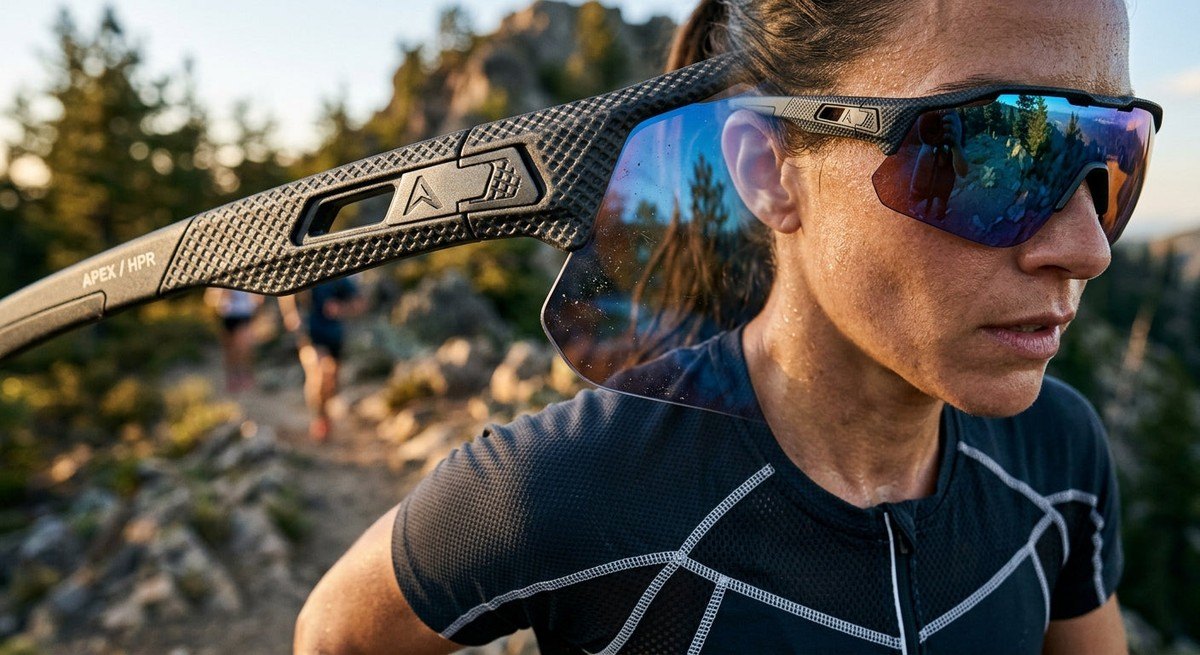 Technical macro shot showing the intricate lens texture and frame geometry of advanced athletic sunglasses.
