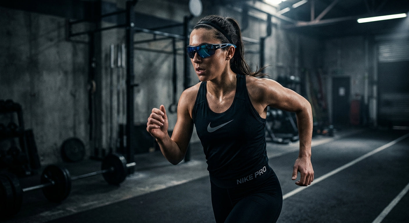Technical studio shot of the Nike Vision Flyfree Soar frame highlighting the titanium-alloy core and ergonomic temple geometry in moody, high-contrast lighting