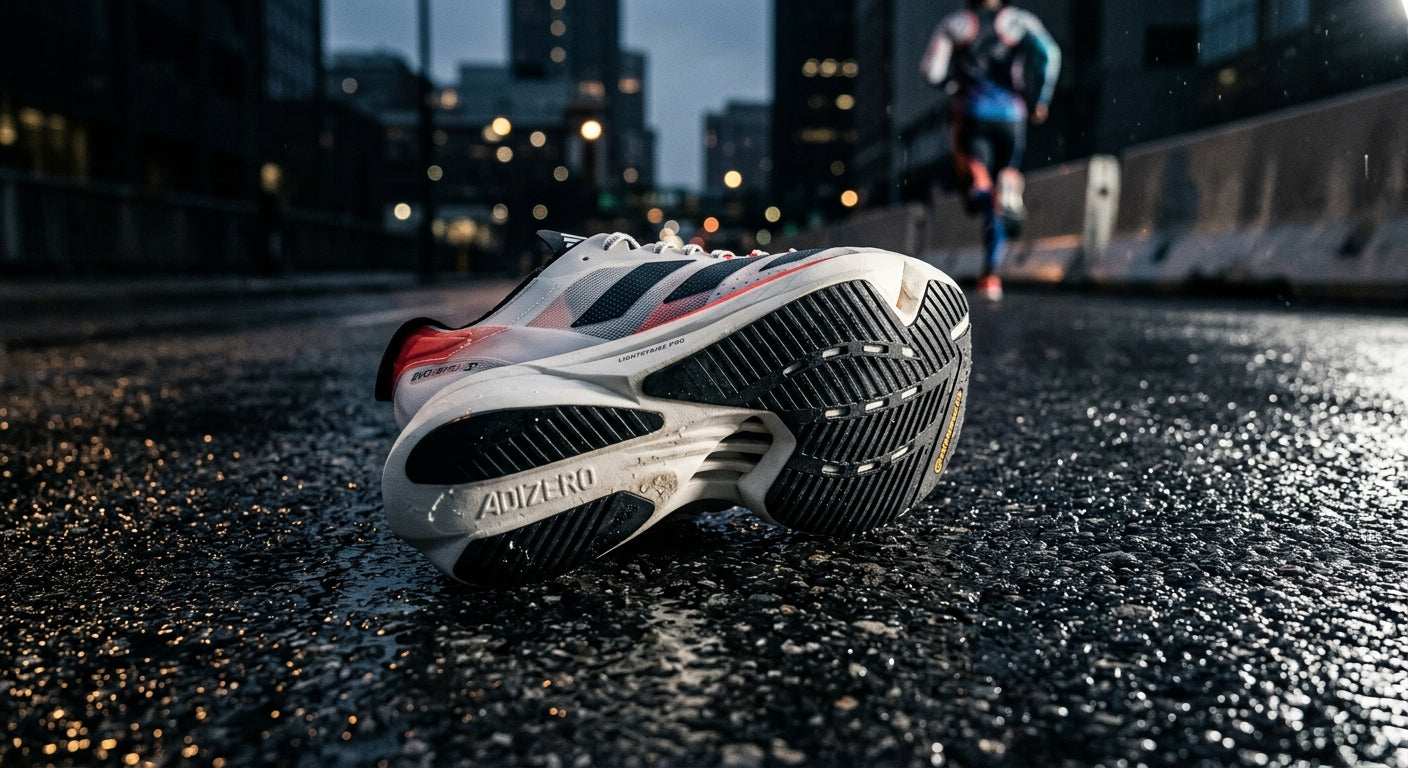 The Adidas Adizero Adios Pro Evo 3 resting on a wet asphalt surface, highlighting the sleek aerodynamic geometry and advanced outsole patterns with a high-contrast cinematic aesthetic.