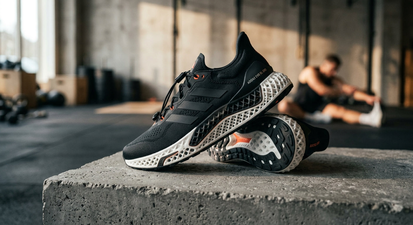 The Adidas EVO SL EXO displayed on a textured grey surface with sharp focus on the midsole geometry and material finish.