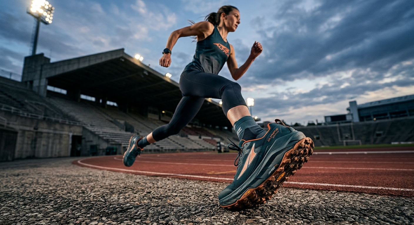 The Altra Olympus 275 Hi-Lo captured in a stadium-style environment, highlighting the deep lug patterns and maximalist EGO PRO foam midsole.