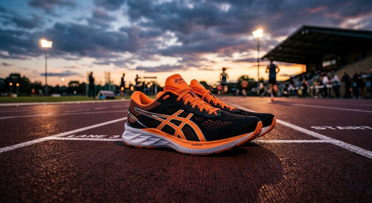 The Asics Dynablast 6 resting on a polished track surface, captured with high-speed photography to highlight the sleek design and athletic aesthetics.