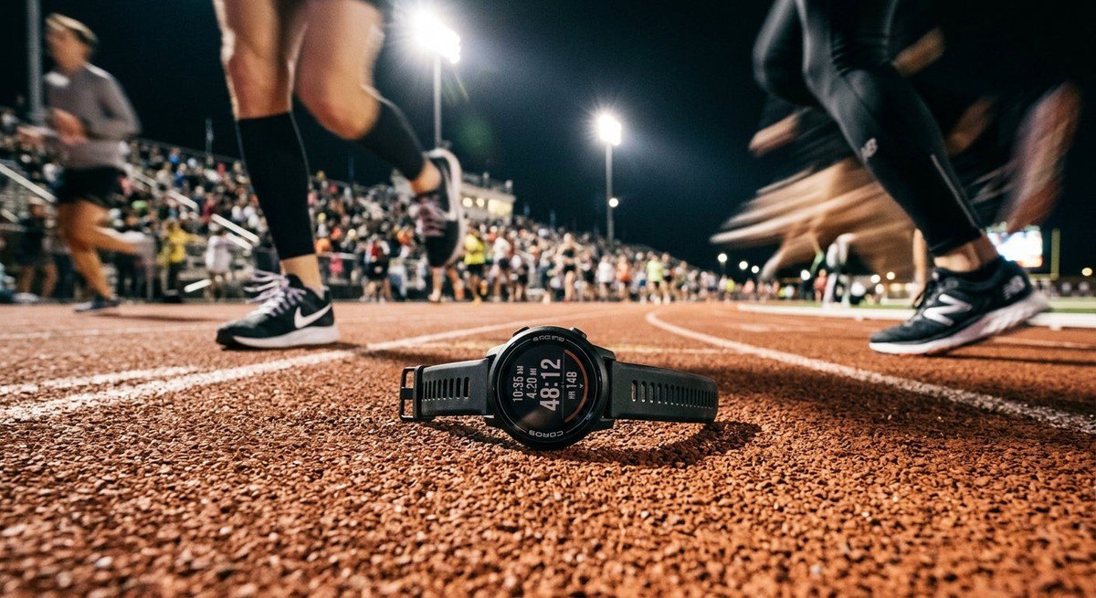 The Coros Pace 4 lying on a textured athletic track with cinematic stadium lighting and motion blur