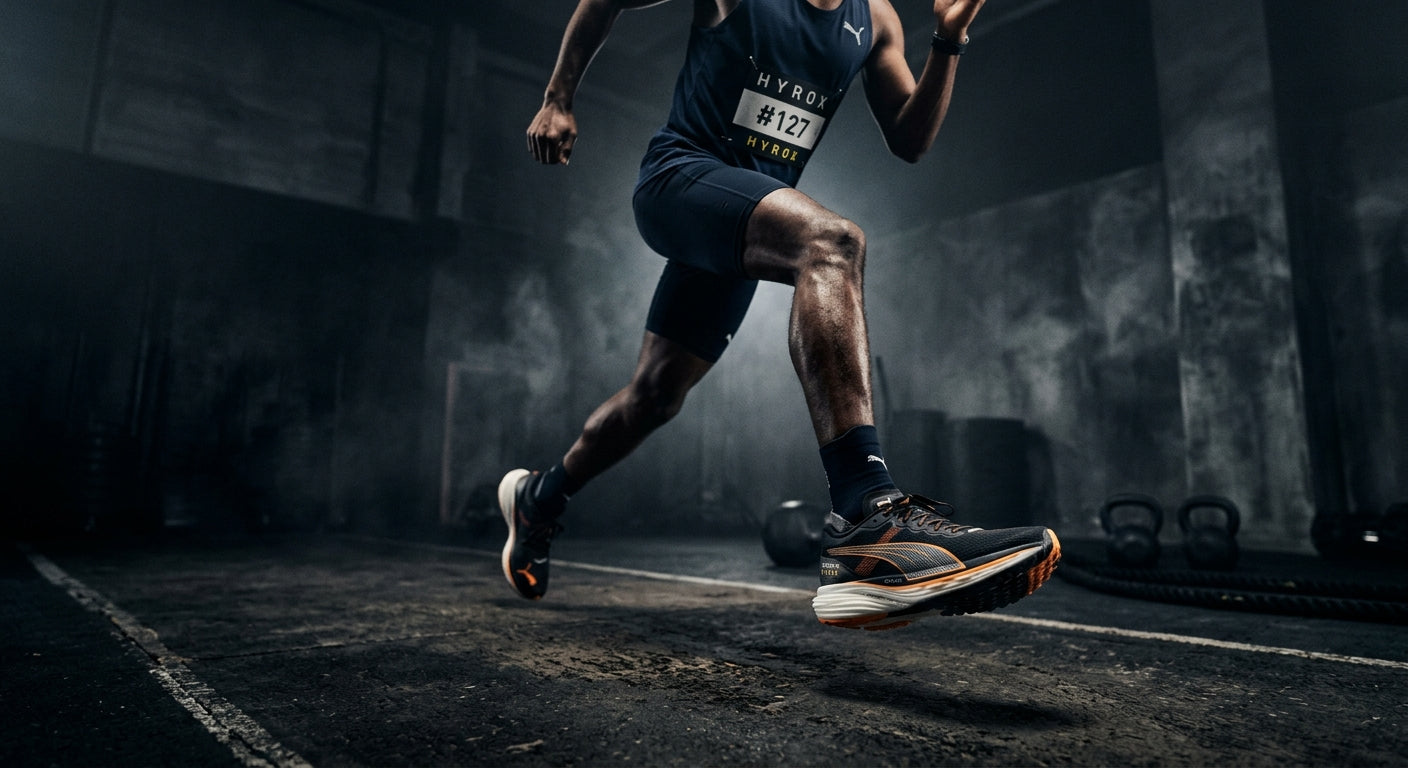 The Puma Deviate Elite Hyrox displayed in a moody, high-contrast studio setting highlighting the carbon plate texture.
