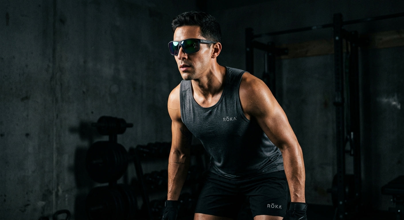 The ROKA Oslo 2.0 captured in a dark, moody studio light highlighting the lens coating reflectivity and structural frame design.