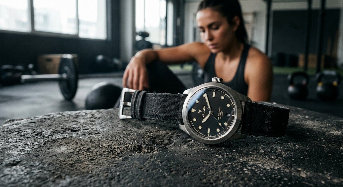 The Vallon Watchtower watch resting on a textured, dark concrete surface with sharp focus on the stainless steel casing and sapphire crystal finish.