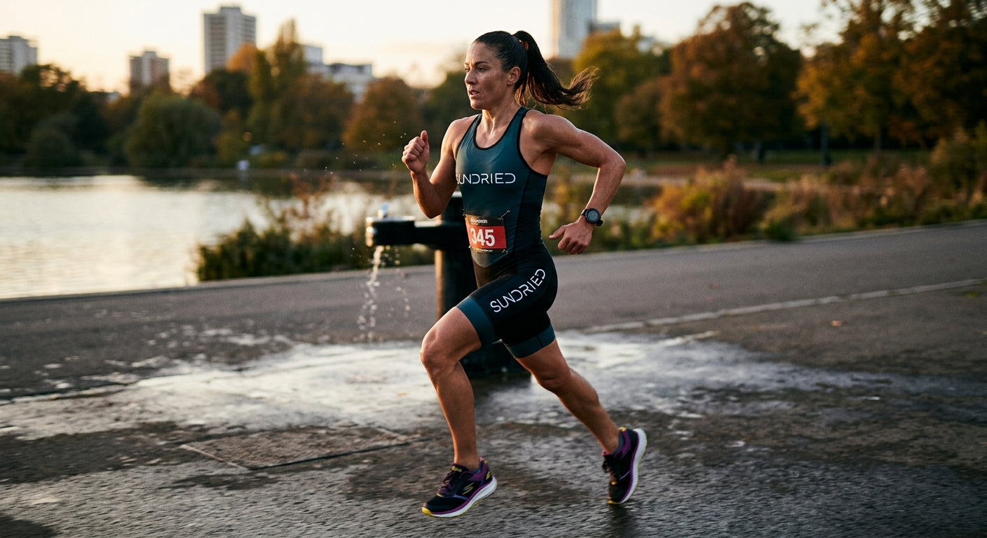 Triathlete in motion wearing Sundried activewear and Skechers trainers during a high-intensity training session.