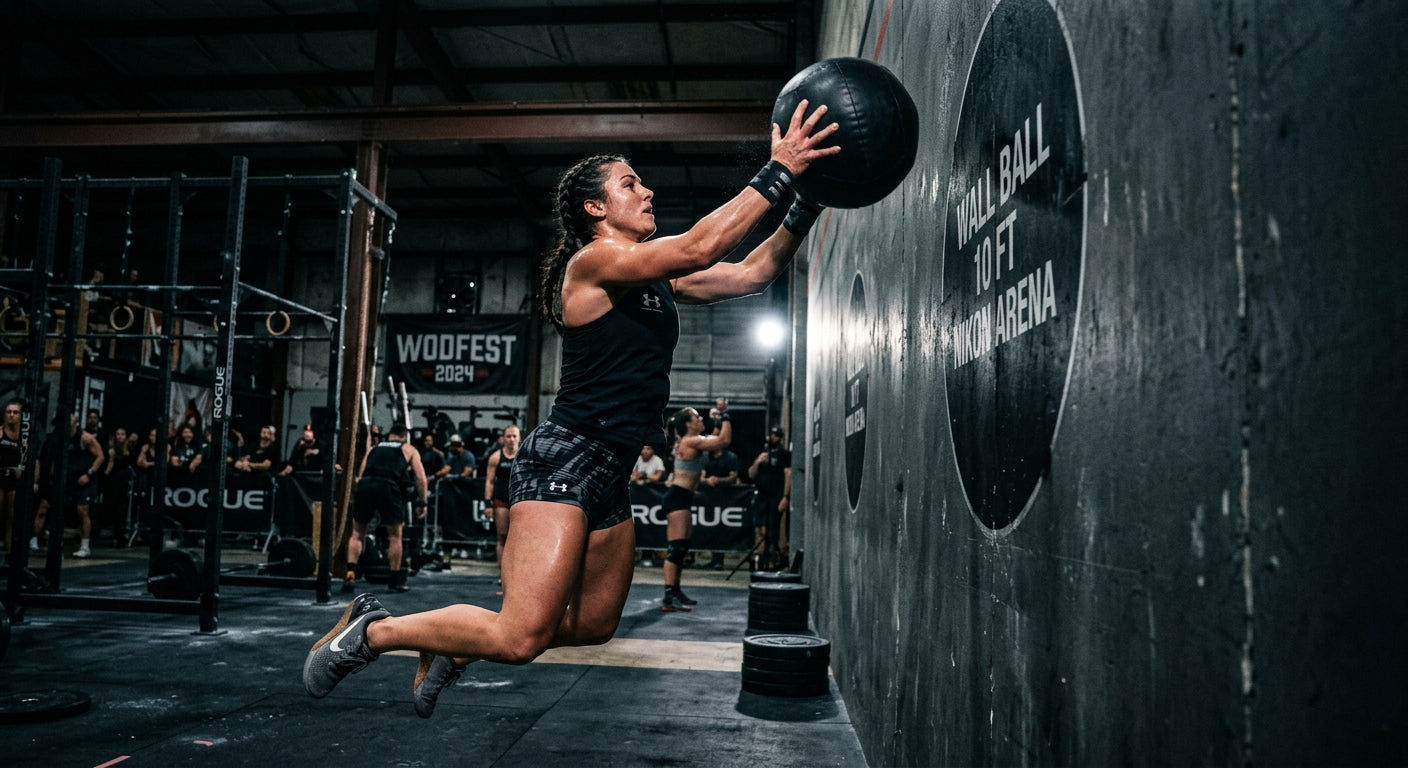 Wide-angle action photograph of a fitness competitor executing a wall ball throw, capturing the sharp detail of the movement against a dark, industrial arena background.