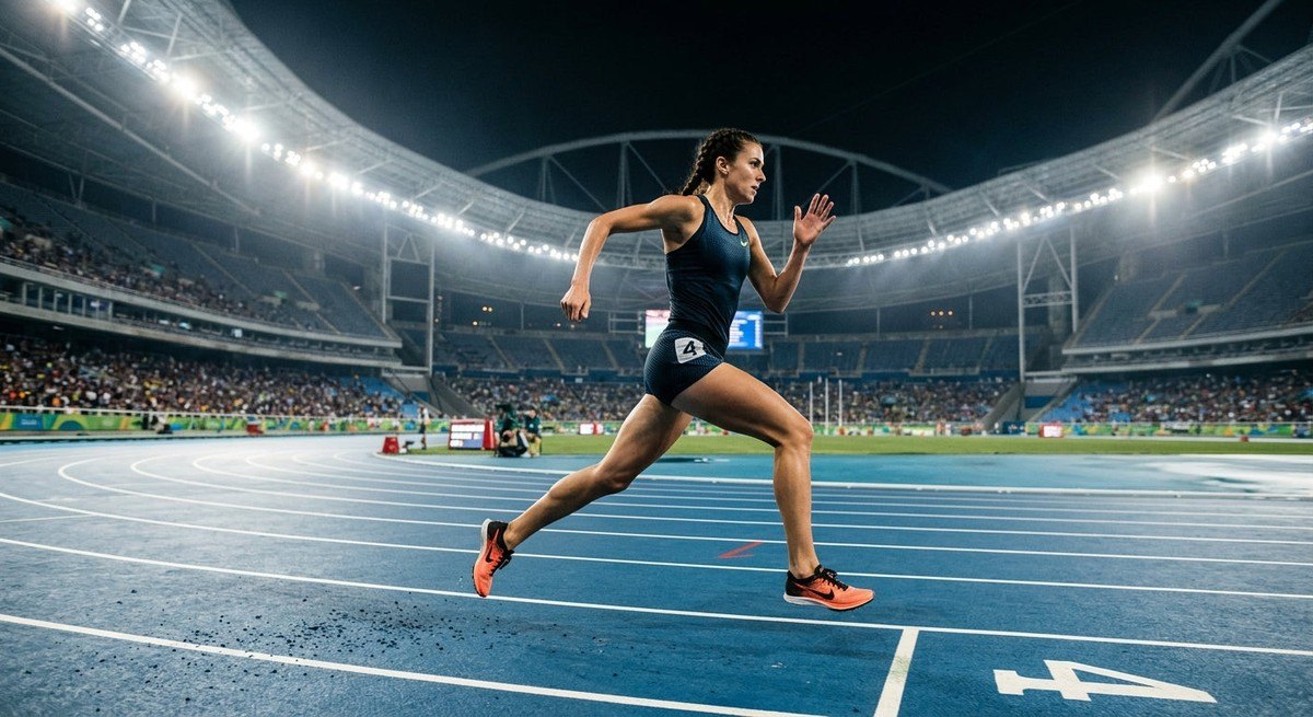 Wide-angle action photography of a runner in motion, captured with high-speed shutter settings and cinematic stadium lighting.