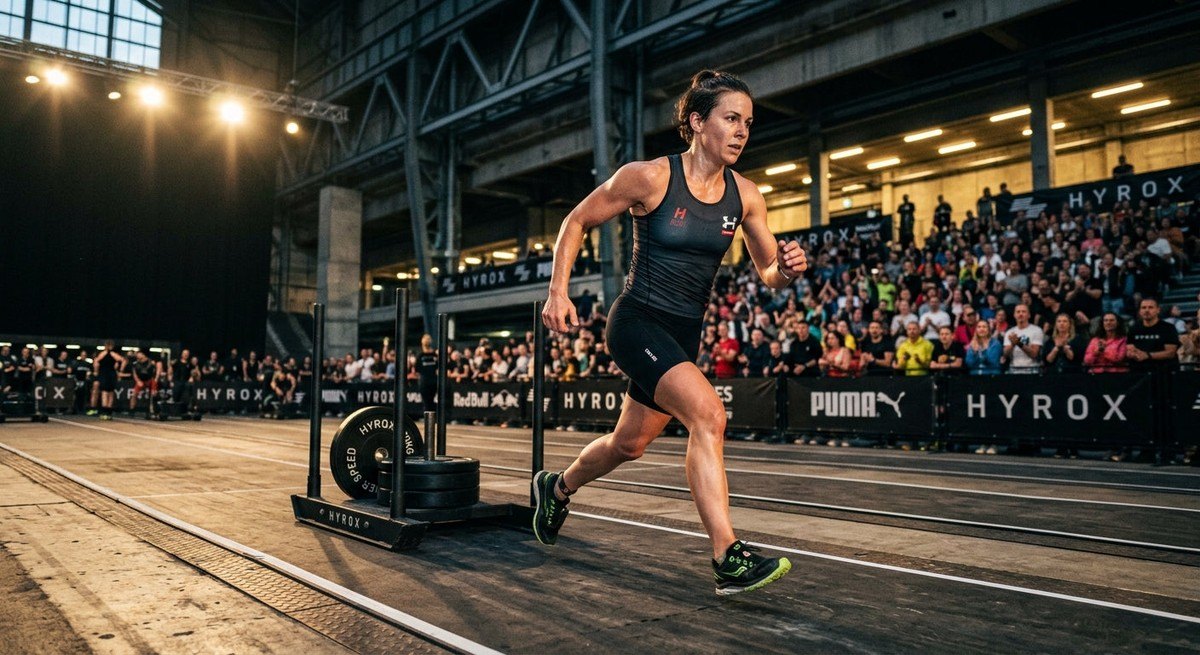 Wide-angle shot of a competitor in mid-motion during a Hyrox race, capturing the blur of movement and stadium contrast.