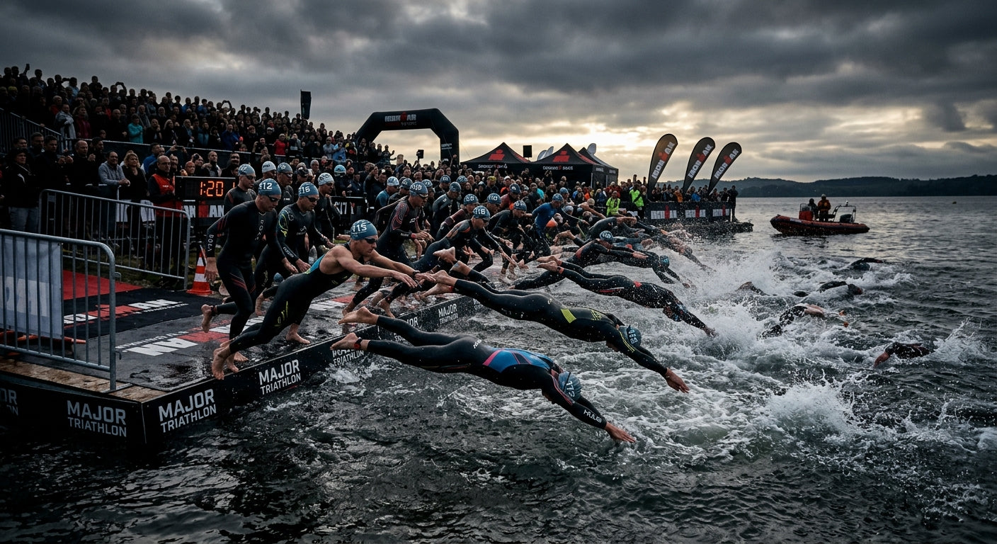 Wide-angle shot of professional swimmers diving into the water at the start of a major triathlon event with moody contrast.