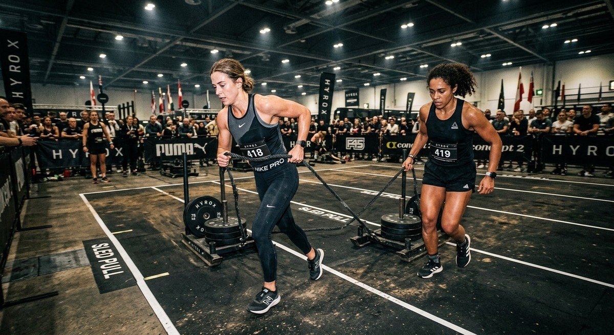 Wide-angle shot of two athletes working in tandem during a Hyrox race, captured with realistic textures and gritty, high-speed action photography.