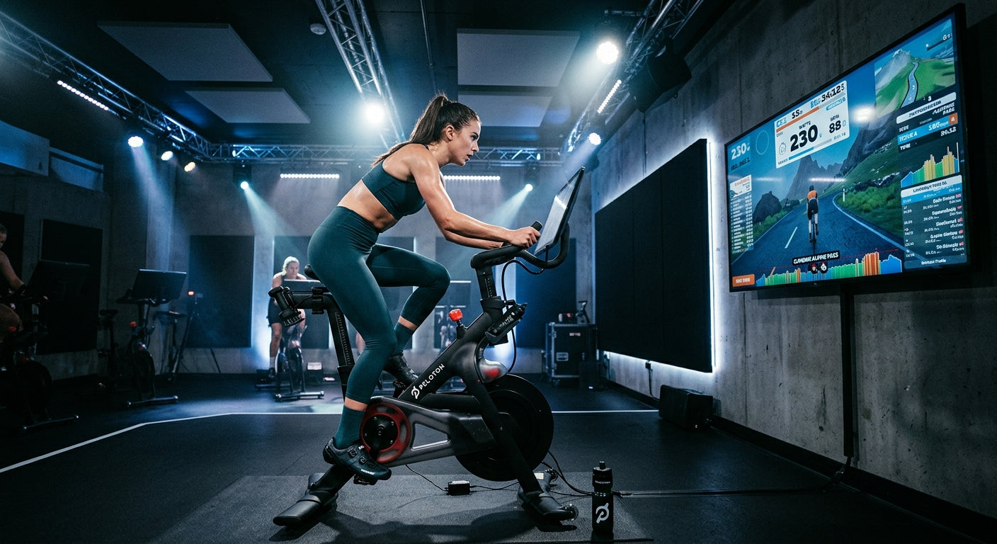 Wide shot of an indoor cycling setup with a large screen displaying virtual training data, captured in high-contrast professional stadium-style lighting.